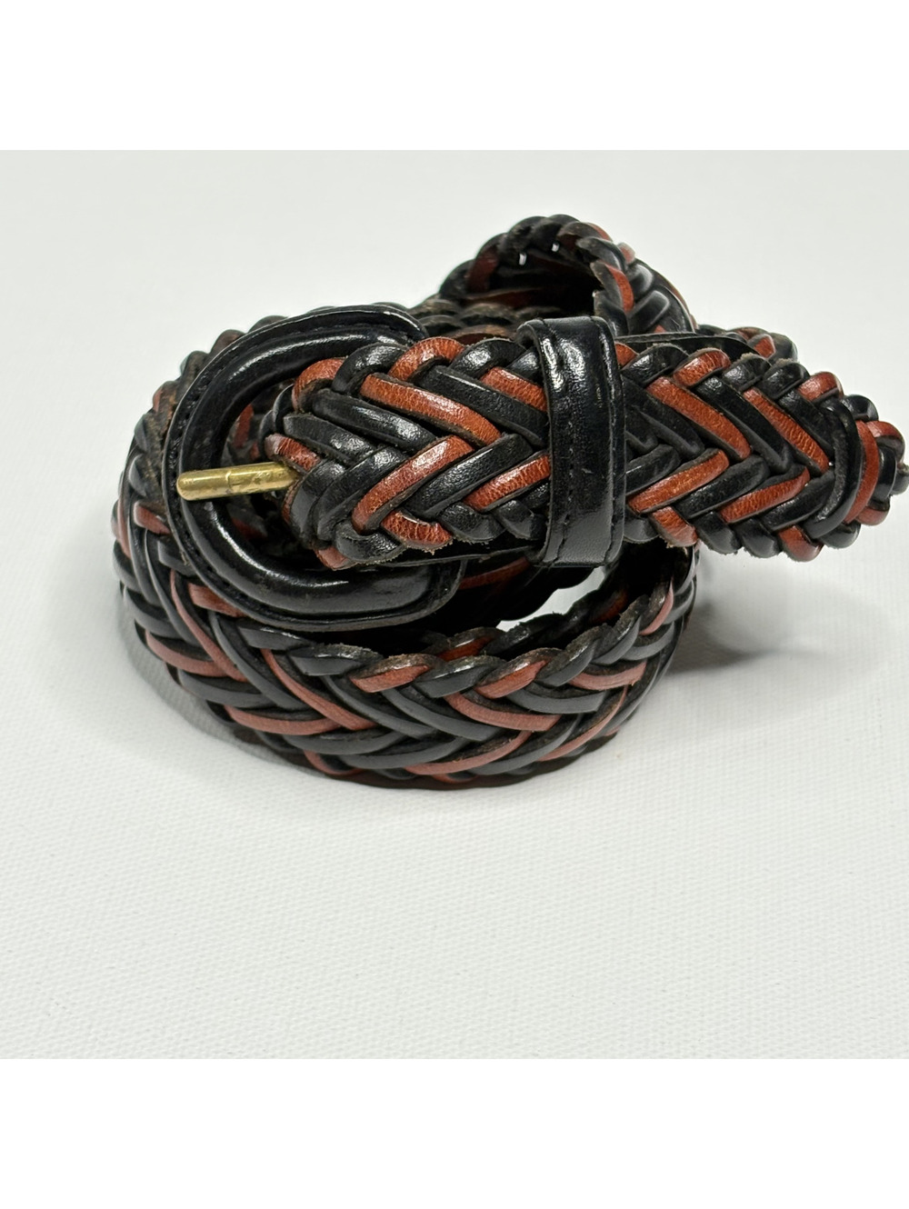 Vintage Braided Woven Leather Belt Black Brown Mens 36